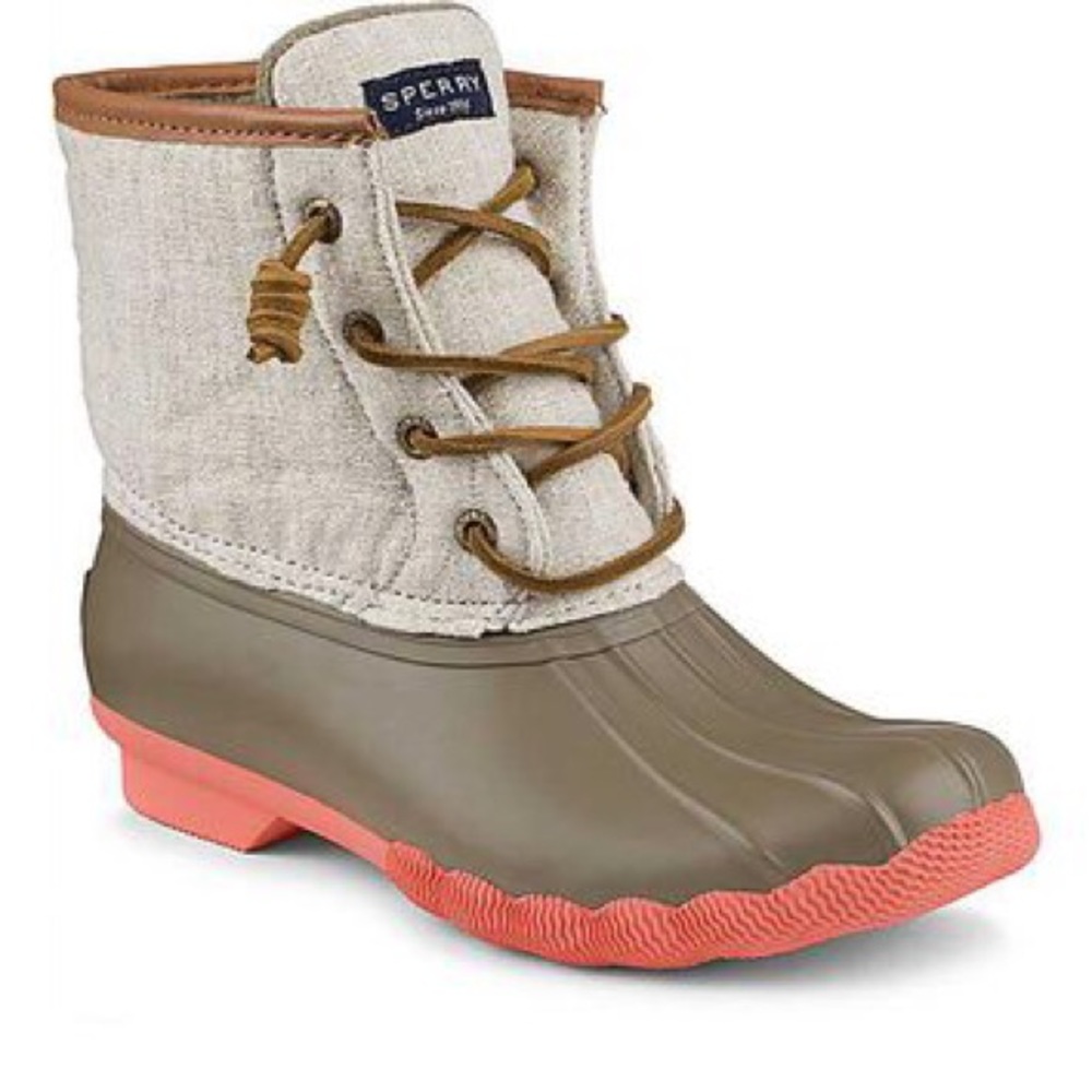 Sperry Coral and olive duck boots
